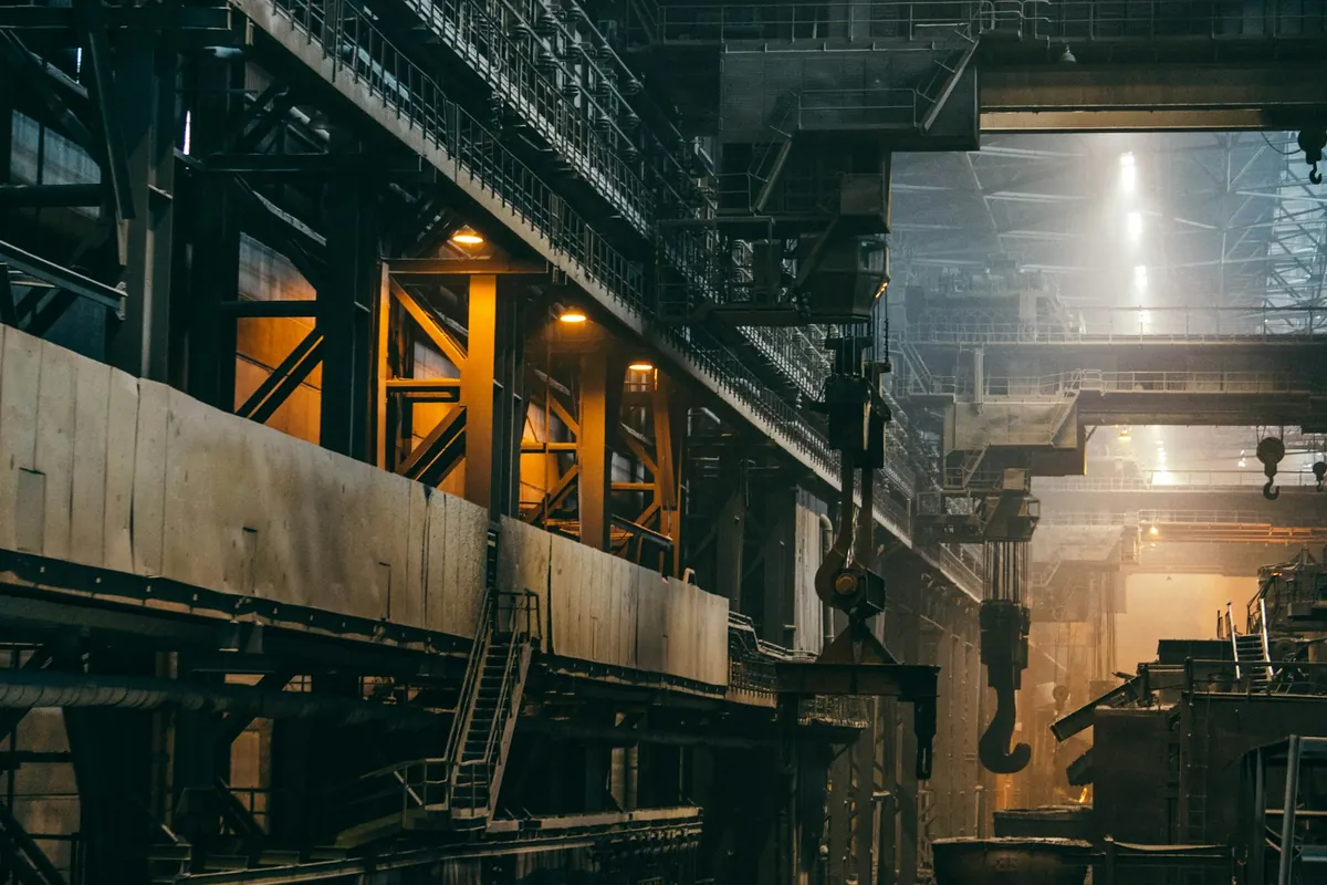 Steel manufacturing hall with heavy industrial machinery
